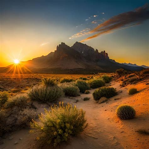 Premium Photo | A desert landscape with a sunset and a mountain in the ...