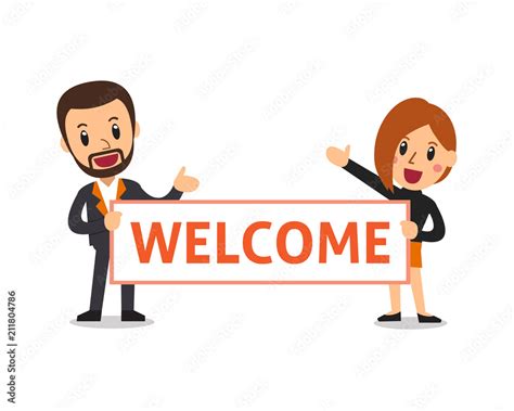 Vector cartoon business people holding welcome sign for design. Stock ...