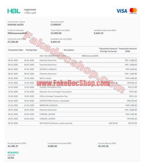 Pakistan HBL Bank Credit Card Statement Template - Fakedocshop