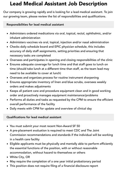 Lead Medical Assistant Job Description | Velvet Jobs