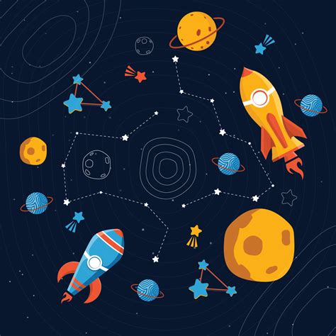 dark blue space theme illustration with rockets, planets, stars ...