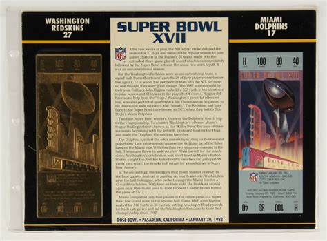 Commemorative Super Bowl XVII Score Card With 22kt Gold Ticket ...