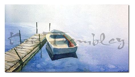 Blue Boat Watercolor Print fine art rowboat and dock in blue | Etsy