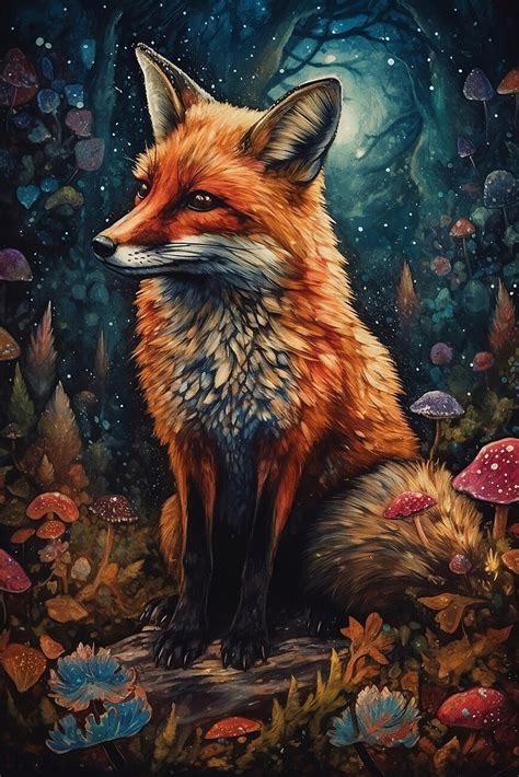 Wall Art Print | fantasy red fox, woodland, starry night, | Europosters