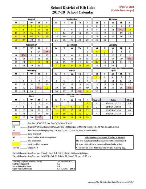 2017 - 2018 School Calendar | Rib Lake School District – Rib Lake, WI