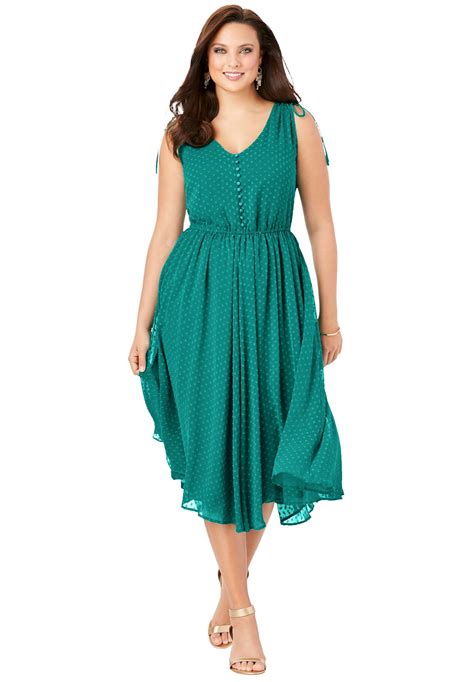 Roaman's - Roaman's Women's Plus Size Swiss Dot Midi Dress Dress ...