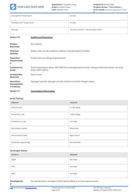 Material Safety Data Sheet Template: Download for free