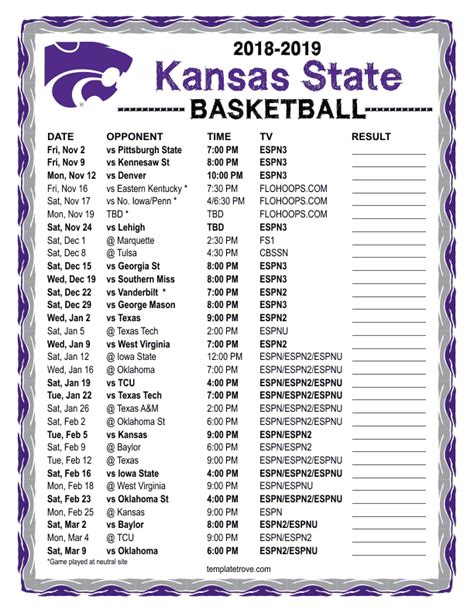 Printable 2018-2019 Kansas-State State Wildcats Basketball Schedule