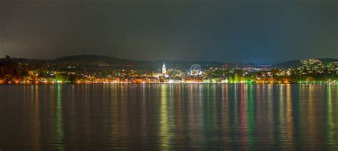 Panorama of a City at Lake Constance during Nighttime Stock Image ...