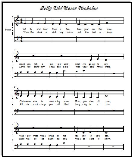 Free Print Out Sheet Music Jolly Old Saint Nicholas Piano Solo or Duet