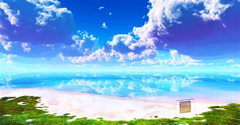 an image of a beach scene with clouds and grass on the shore, as well ...