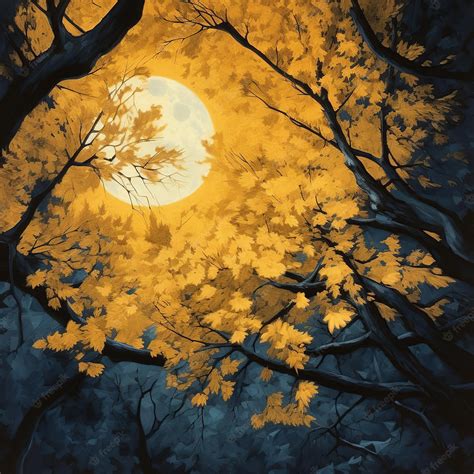 Premium AI Image | A painting of a forest with a moon in the background