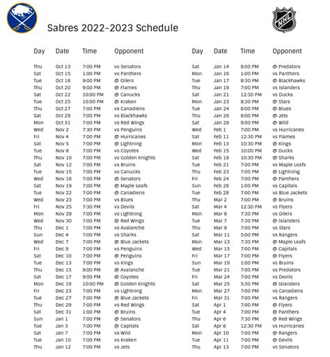 Buffalo Sabres 2022-23 Season Schedule