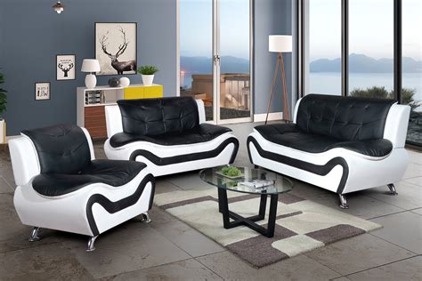 3 Piece Living Room Sofa Set, Sofa/Loveseat/Chair, Black & White Color ...