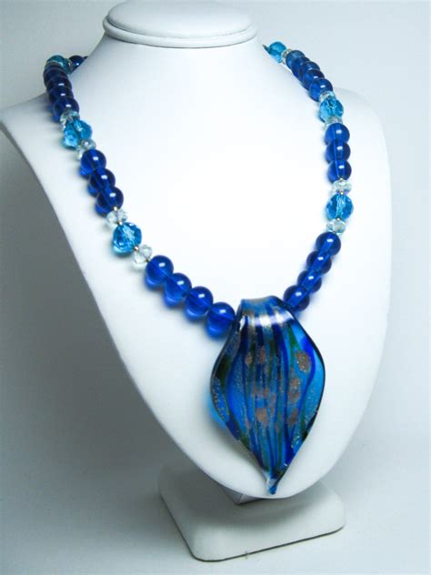 Blue Murano Glass Pendant Blue Aqua Glass Bead Choker Necklace. Murano ...