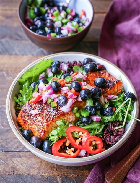 Salmon Power Bowls with Blueberry Salsa - The Roasted Root