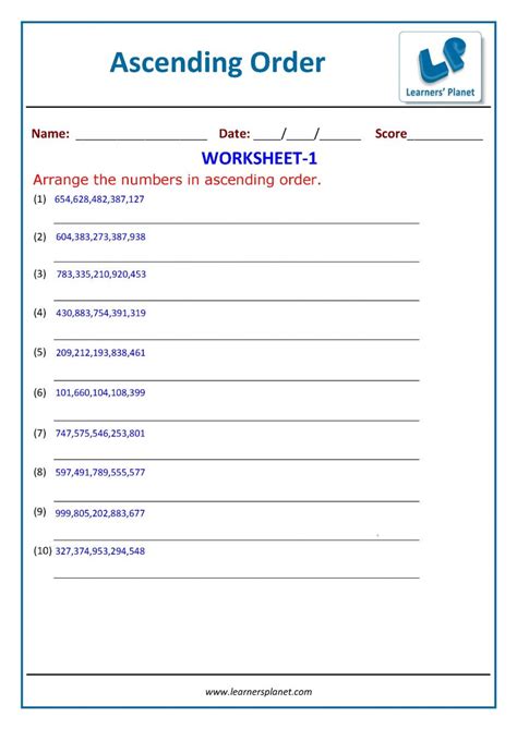 Ascending order worksheets for maths grade 3