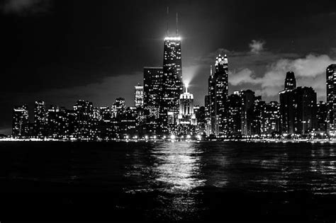 HD wallpaper: black and white, chicago, city, city lights, lake ...