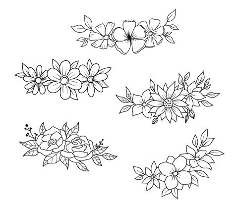 Set of Flower border with flowers and leaves in outline style. Vector ...