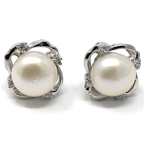 Sterling Silver Freshwater Pearl & CZ Swirl Stud Earrings, 13mm ...