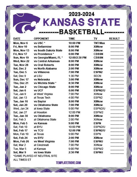 Printable 2023-2024 Kansas State Wildcats Basketball Schedule