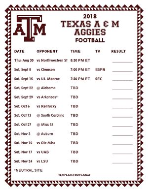 Printable 2018 Texas A & M Aggies Football Schedule