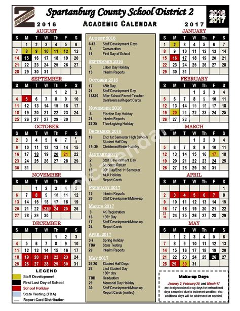 2016 - 2017 Academic Calendar | Spartanburg School District 2 – Chesnee, SC