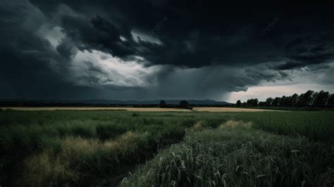 Dark Stormy Sky Over A Field With Green Grass Background, Active Black ...