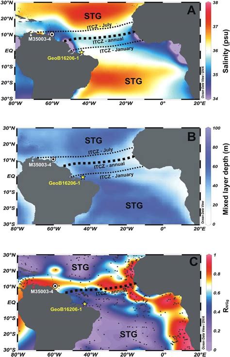 Tropical Atlantic Ocean maps with location of the investigated cores ...