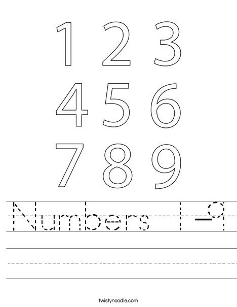 Numbers 1-9 Worksheet - Twisty Noodle