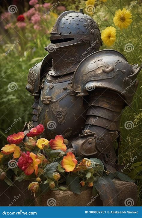 A Statue of a Knight in Armor with Flowers Stock Image - Image of ...