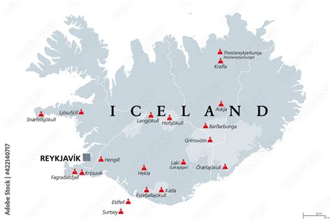 Volcanoes of Iceland that erupted since human settlement, political map ...