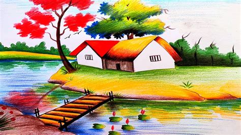 How to Draw a Natural Scenery of a Village House Near Canal