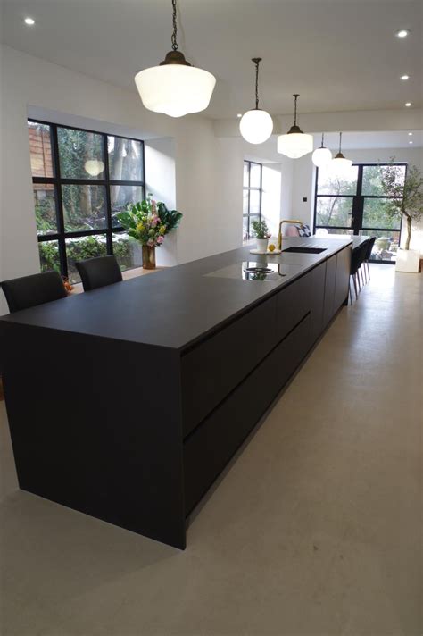 Long Matte Black kitchen Island with Dekton Domoos worktop | Matte ...