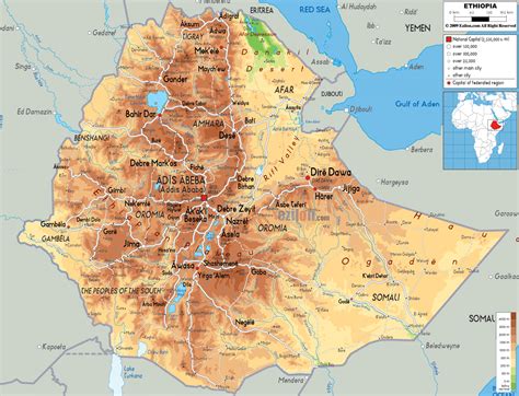 Large physical map of Ethiopia with roads, cities and airports ...