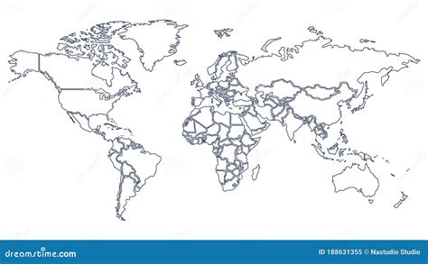 World Map with Country Borders. Thin Blue Outline on White Background ...