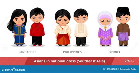 Singapore, Philippines, Brunei. Men And Women In National Dress. Set Of ...