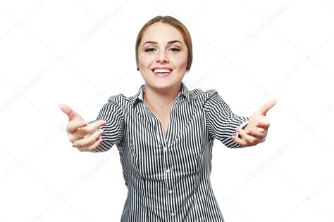 Woman shows come here gesture — Stock Photo © lenanet #119943988