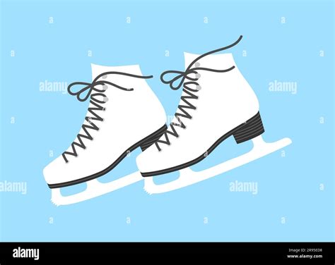 A pair of white ice figure skates with black laces and soles on a blue ...