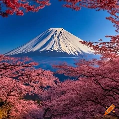 Stunning sunrise behind mount fuji with sakura trees