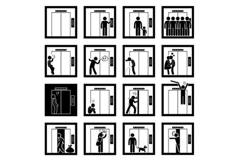 Things People in Elevator Lift Stick Figure Pictograms