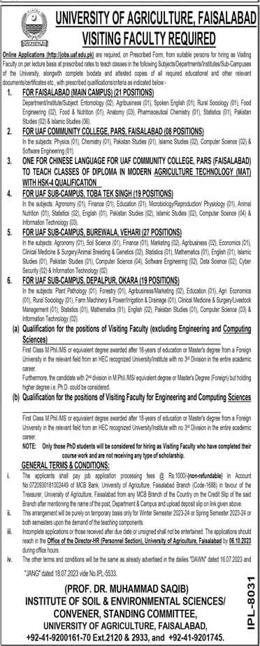 Agriculture University Faisalabad Faculty Jobs 2023