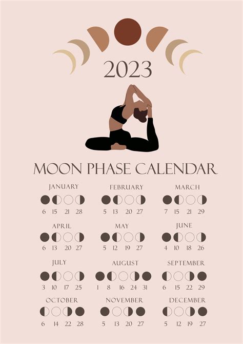 Moon phases calendar 2023 with a girl doing yoga. Waning gibbous ...