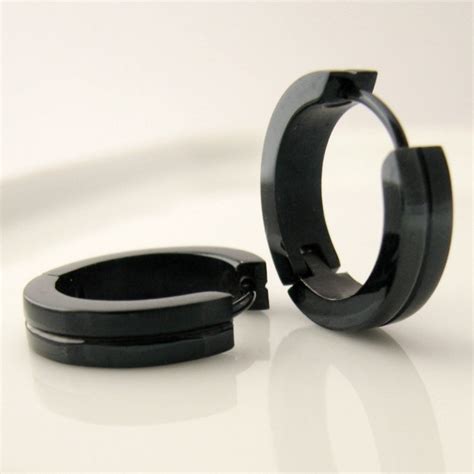 Men's hoop earrings with center line design, L, black, EC193