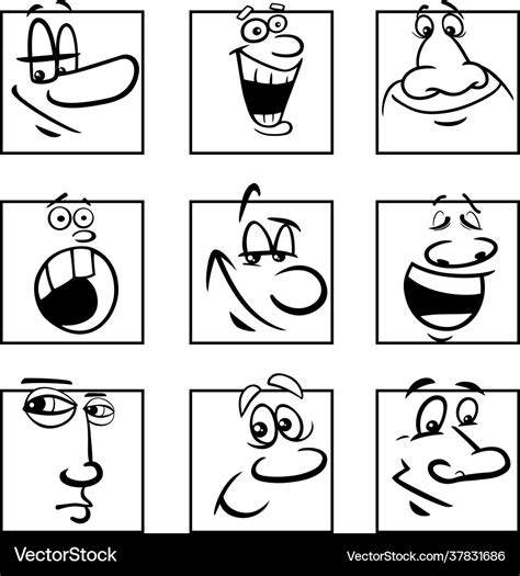 Faces or emotions cartoon black and white set Vector Image