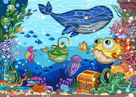 Premium Vector | Underwater world fish freehand drawing cartoon style