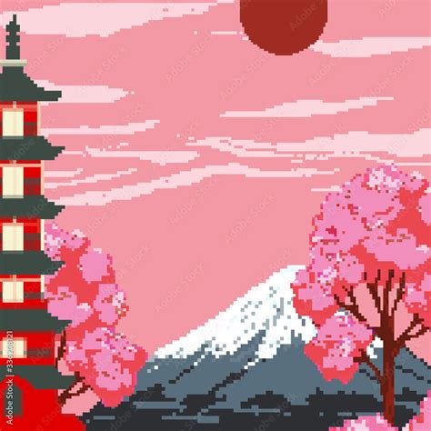 Pixel Fuji mountain at sunset and the red sun, crane and Japan pagoda ...