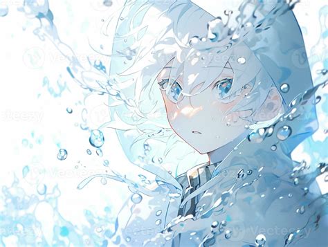 anime character with blue eyes and white hair in the water. generative ...