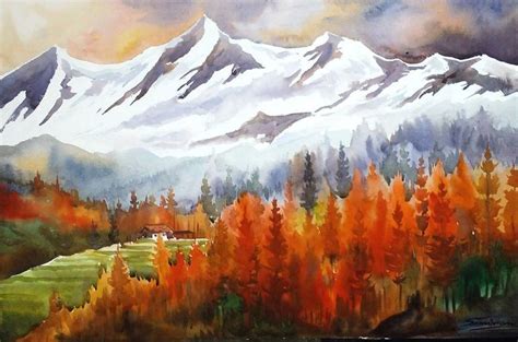 Autumn Forest & Snow Peaks - Watercolor Painting Painting by Samiran ...