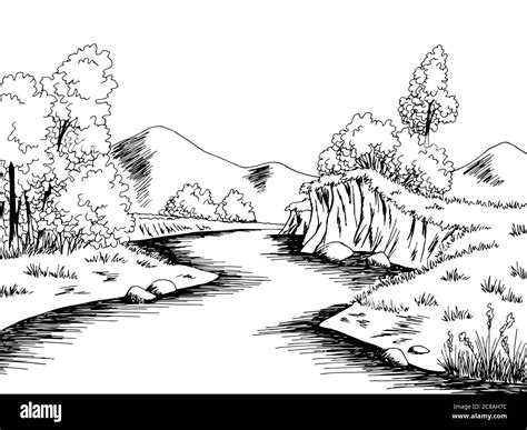 River graphic black white landscape sketch illustration vector Stock ...